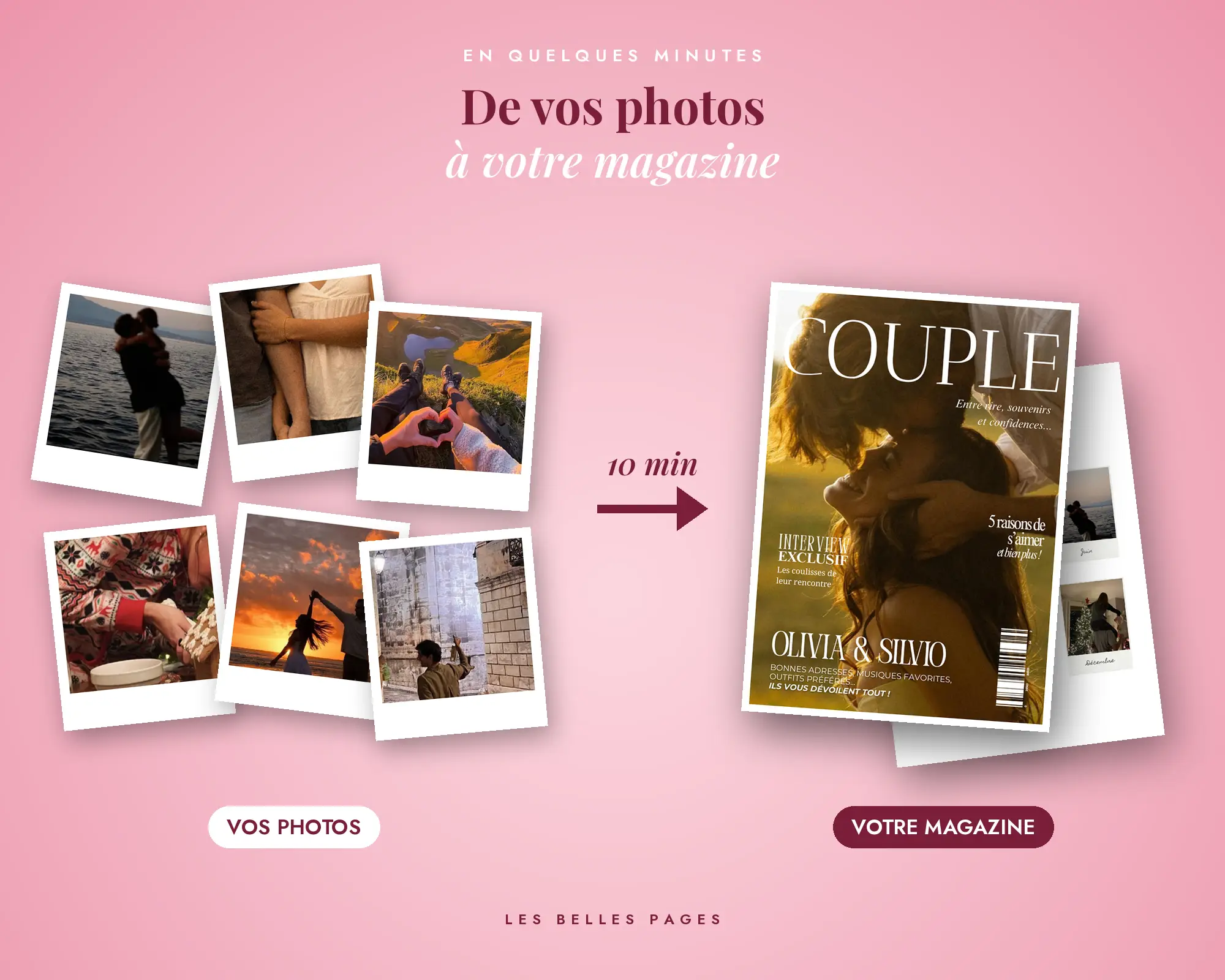 Des photos de couple en vrac à gauche, et à droite le magazine terminé avec ces photos en couverture