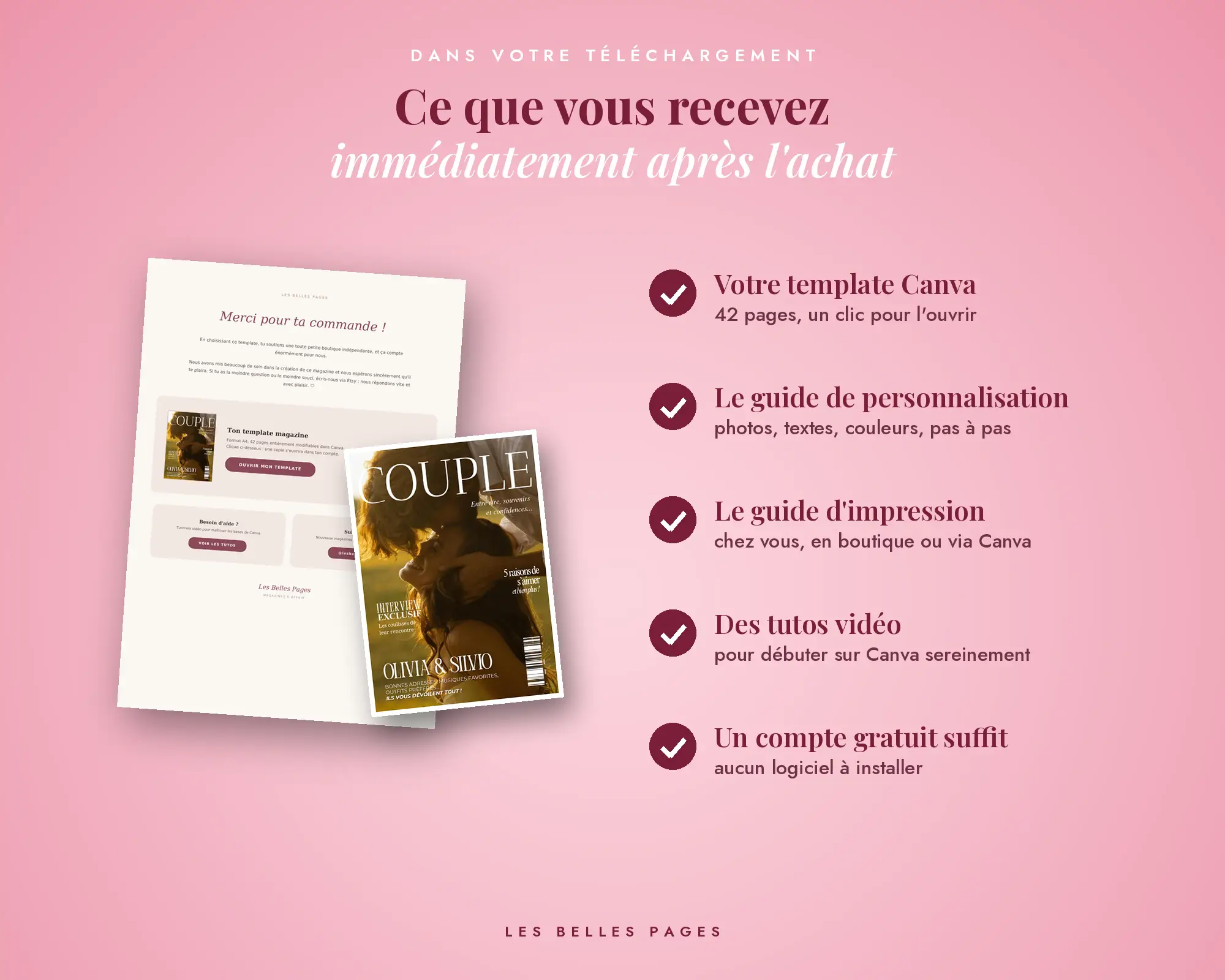 Ce que contient le téléchargement : le template Canva de 42 pages, le guide de personnalisation, le guide d’impression et des tutos vidéo