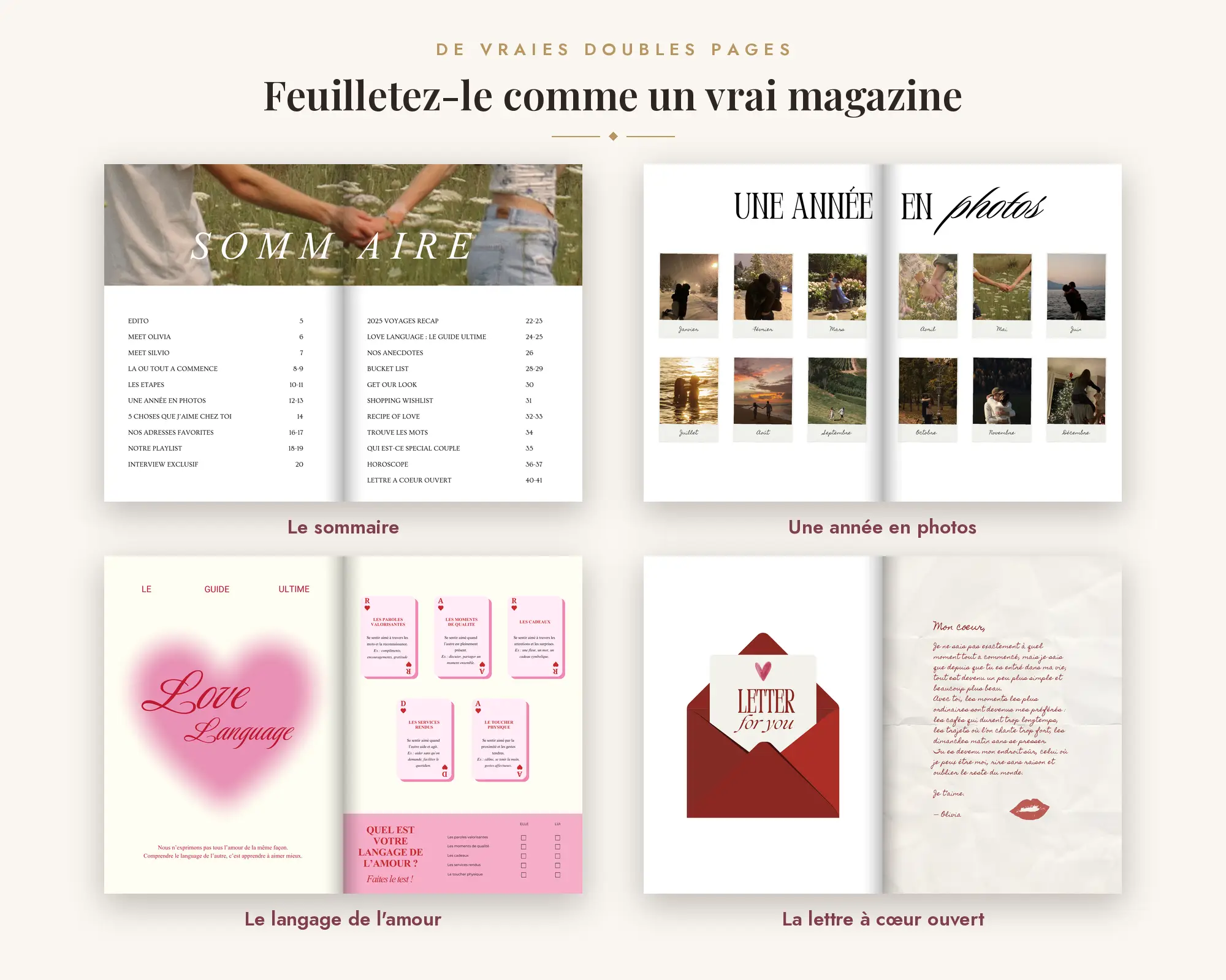 Quatre doubles pages du Magazine Couple : le sommaire, une année en photos, le langage de l’amour et la lettre à cœur ouvert