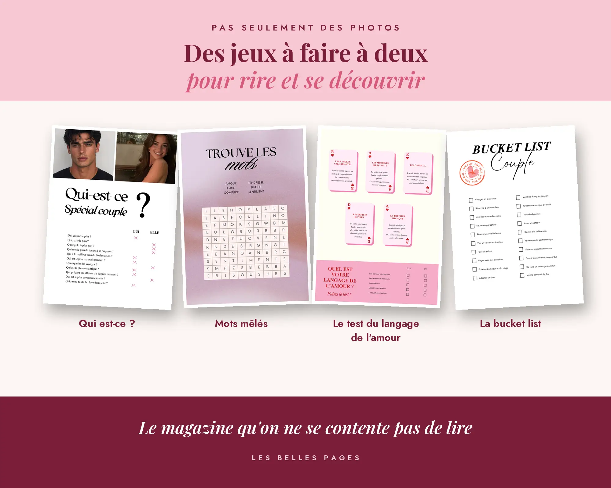 Pages de jeux du Magazine Couple : qui est-ce, mots mêlés, test du langage de l’amour et bucket list
