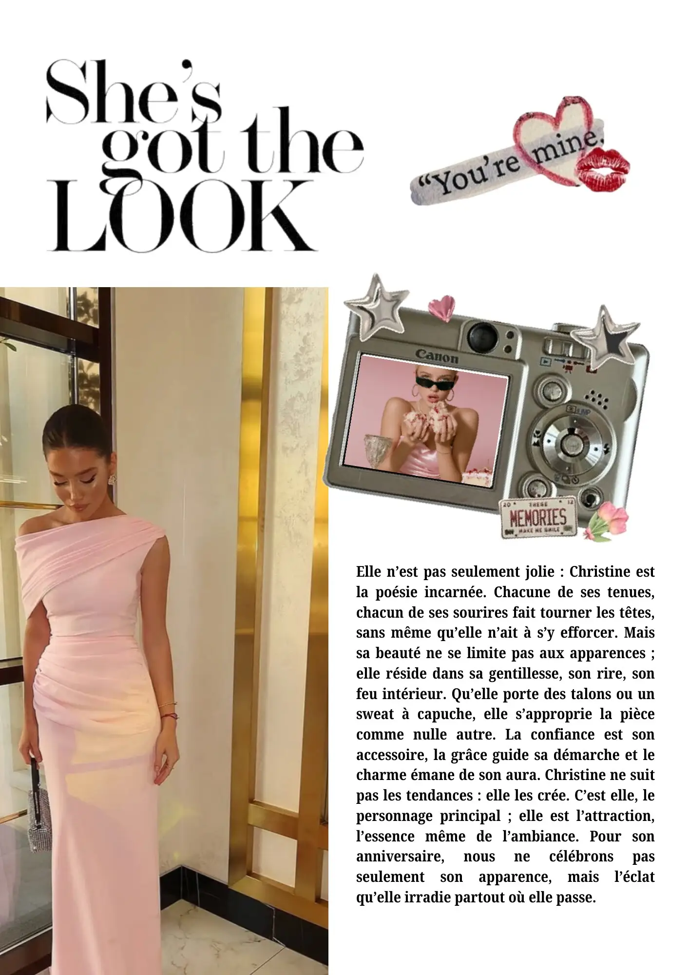 Page mode « She’s got the look » avec une photo en robe et un appareil photo rétro