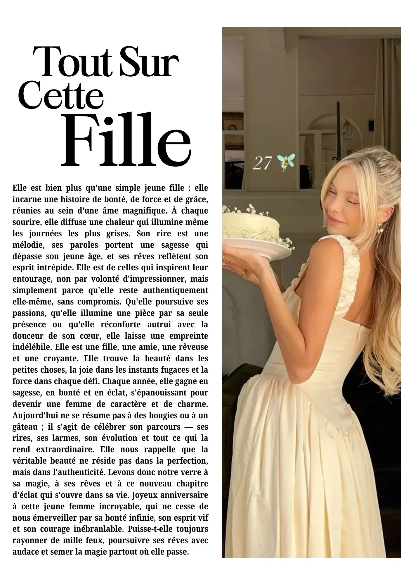 Page « Tout sur cette fille », un portrait en photo et un long texte